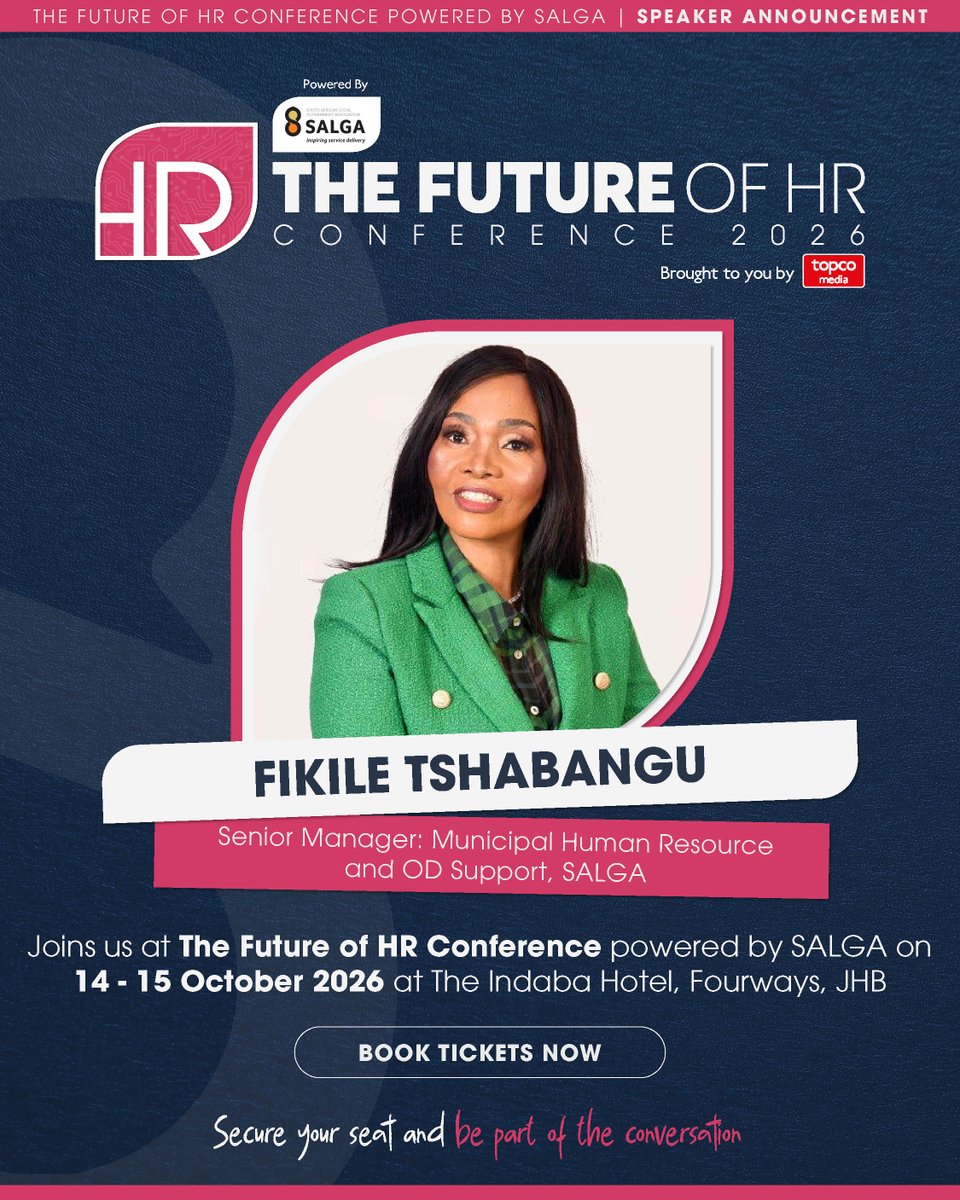 Future_of_HR's tweet photo. Meet Fikile Tshabangu, Senior Manager at SALGA, with nearly 20 years of experience across municipal HR, institutional capacity building and public sector transformation.

Hear her perspective at #FOHRxSALGA 2026: 

🎟️ https://t.co/t1dGd2tv3e https://t.co/ZPGOzAW5jb