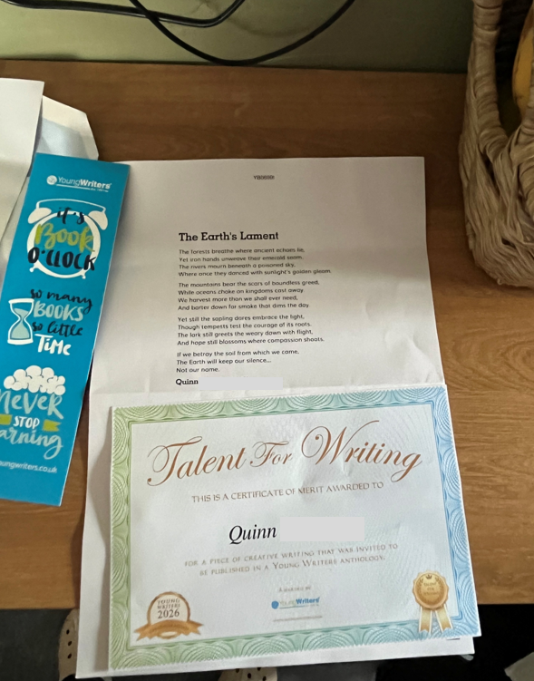 SuttonAcademy's tweet photo. 🌍✍️ Huge congratulations to Quinn who independently entered the Young Writers Poetry Competition and has had her poem, The Earth's Lament, selected for publication! 📖✨

A fantastic achievement and one Quinn should be incredibly proud of. Well done, Quinn! 👏🎉

#SCAProud #YoungWriters #Poetry #StudentSuccess #PublishedPoet 🌟