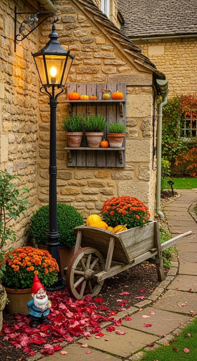 DesignWorld_x's tweet photo. Golden stone, lantern glow, and a wheelbarrow full of pumpkins. Fall, perfected. 🍁🎃 https://t.co/yPMD58V0US