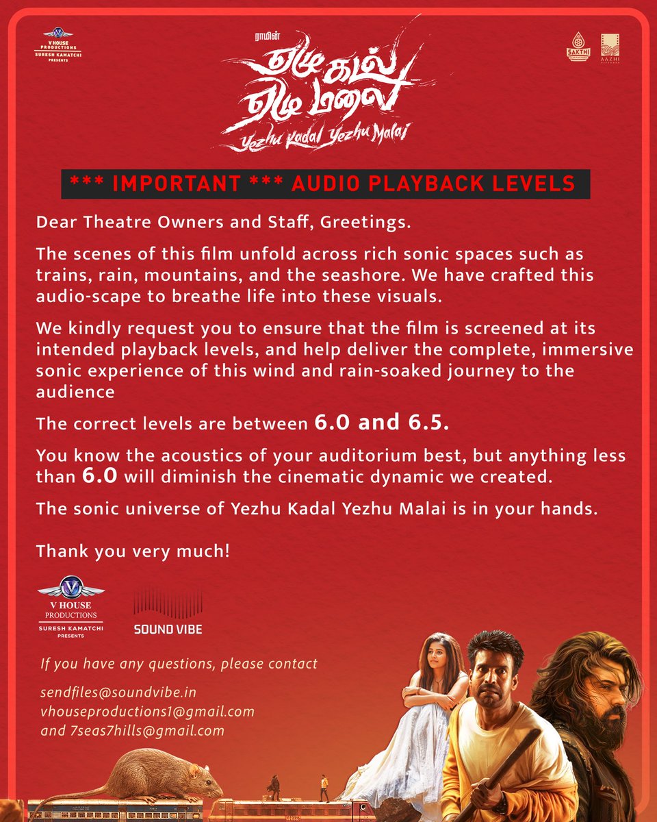 sureshkamatchi's tweet photo. Important Announcement - Audio Playback Levels

From team #YezhuKadalYezhuMalai

In theatres from October 1, 2026

Written and Directed by #DirectorRam

Starring @NivinOfficial @yoursanjali @sooriofficial 

A @thisisysr musical

Produced by @vhouseofficial

#DirectorRam @eka_dop @thisisysr @7s7hfilms @DhayaSandy @madhankarky #ArtDirectorUmesh @silvastunt @edit_mathi #SandyMaster @pattanamacademy #ChandrakantSonawane @Udaykumar_Mix @Soundvibestudio @sparrowjai #MathiPugazhenthi #Dhanwanth @thinkmusicindia @johnmediamanagr

#YezhuKadalYezhuMalai #DirectorRam #NivinPauly #Soori #Anjali #YuvanShankarRaja #SureshKamatchi #AazhiPictures #SakthiFilmFactory #WayfarerFilms #TTEntertainment #coloursandclaps #TripleMProduction #RendezvousProduction #7Kadal7Malai #7Seas7Hills #7K7M #YKYM #NewAnnouncement #NewRelease #DirectorRamFilm #SooriFilm #NivinPaulyFilm #NewTamilFilm #TamilCinema #Kollywood #TamilMovie #IndianCinema #YuvanSongs #TamilSongs #NewSongs #ComingSoon