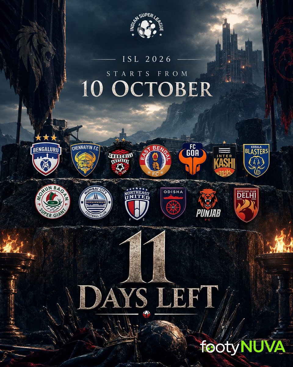 FootyNUVA's tweet photo. โ๏ธ THE COUNTDOWN IS ON. โ๏ธ
11 DAYS LEFT! ๐ฅ
The battle for the Indian Super League begins on October 10. ๐ฎ๐ณโฝ๏ธ
13 clubs. One league. One throne. ๐
Whoโs ready for #ISL2026? ๐๐ฅ
#IndianSuperLeague #IndianFootball #LetsFootball https://t.co/CB0mVcioAJ