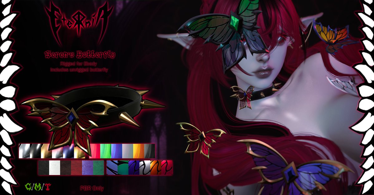 EterniaSL's tweet photo. Coming to Wasteland at 6pm slt!
Choker is rigged for ebody only, including an unrigged butterfly accessory!
Demo is available https://t.co/SeALYoCoKx