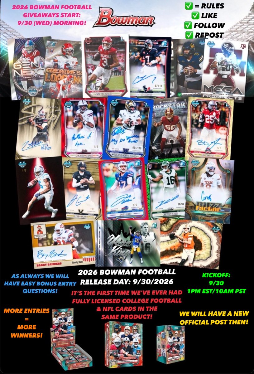 TresorSports's tweet photo. Get ready for our next #SportsCards #Giveaways!

2026 #Bowman #Football (#NFL &amp; #CollegeFootball) Release Day (9/30)!

✅=RULES
✅ LIKE
✅FOLLOW
✅ REPOST

Bonus #Giveaway Entries Available!

KICKOFF:
🏈 9/30
1PM EST/10AM PST

Get your Free #FootballCards!

#BowmanCards #thehobby https://t.co/I8GhBD7d6s