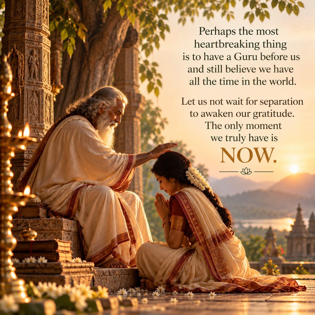 KapilTransforms's tweet photo. The Preciousness of His Presence

Perhaps the most heartbreaking thing is to have a Guru before us and still believe we have all the time in the world.

We get caught up in our questions, our expectations and the distractions of everyday life, forgetting that the opportunity to receive his wisdom and grace may not last forever.

One day, we may long to hear the very words we barely listened to today. We may yearn for the presence we once took for granted.

Let us not wait for separation to awaken our gratitude, or for silence to make us value his words.

If the Guru is still here, still giving, still offering us his final gifts, let us receive them with all our hearts.

For tomorrow is never promised. The only moment we truly have is NOW.