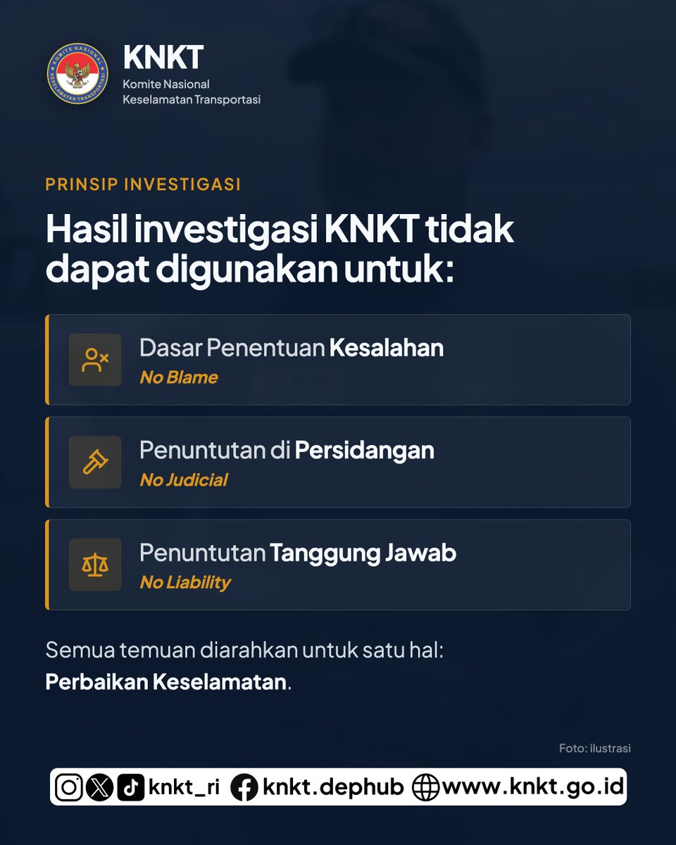 KNKT_RI's tweet photo. KNKT mengedepankan fakta dan pembelajaran untuk meningkatkan keselamatan transportasi. https://t.co/7aG9bL2TSo