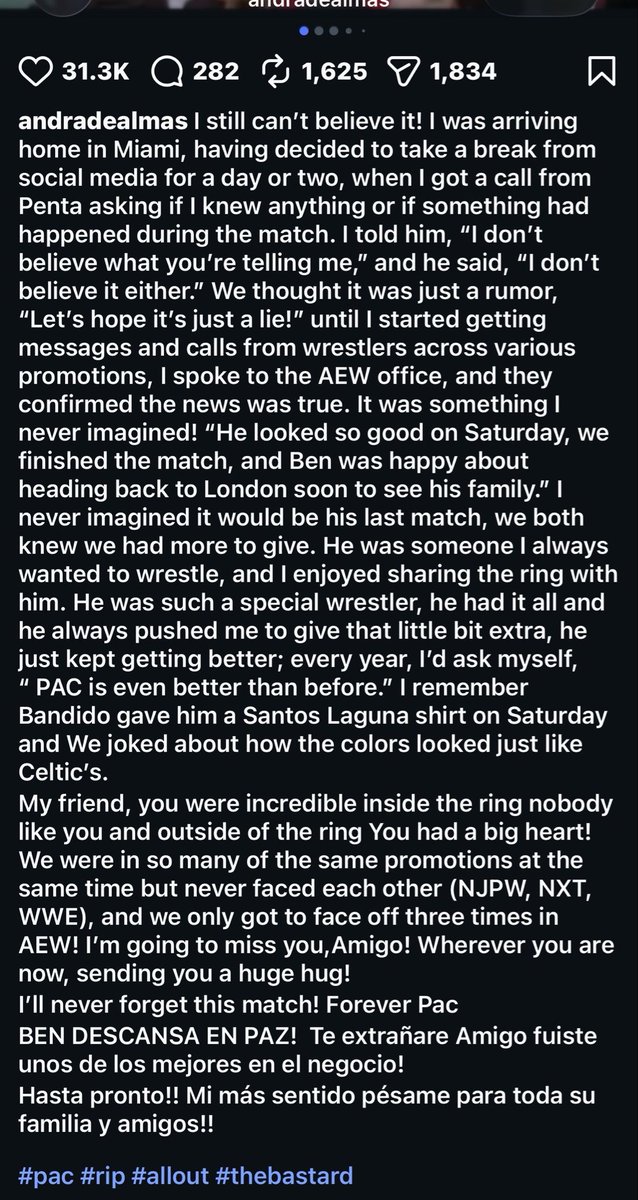 Murder_Ibushi's tweet photo. ANDRADE’S MESSAGE TO PAC BROKE ME IN A WAY I WAS NOT EXPECTING. 💔😭 😭😭😭😭😭💔💔💔#RIPPAC https://t.co/HQkuFao5N0