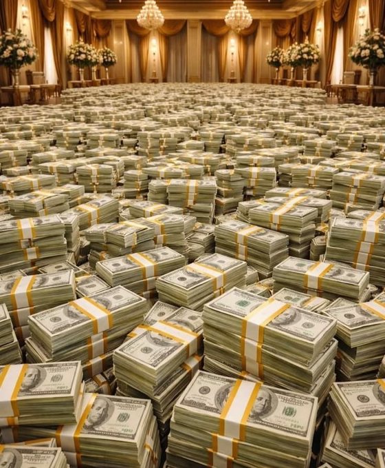An opulent room filled with massive stacks of banded US currency, primarily $100 bills, spread across the floor beneath elegant chandeliers.