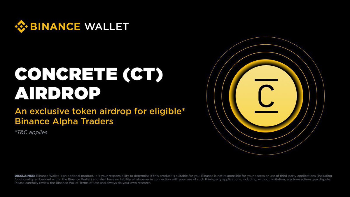 Monothiez's tweet photo. UPDATE ON @ConcreteXYZ CT TGe and Tokenomics 

Binance Alpha will become The first platform to list $CT today. 

Tokenomics/Airdrop checker 

Total supply: 1B $CT

Ecosystem :  35%
which include →Community distribution, ecosystem participation, liquidity, and ecosystem growth.

Foundation :  15%
Steward of the Concrete Protocol, supporting security, integrations, governance, R&D, and commercial initiatives for long-term sustainability.

Team : 22%
Current and future contributors building, launching, and maintaining the Concrete Protocol.

Investors : 28%
Strategic backers of the Concrete Protocol.

Officials link 
$CT Contract Address (Ethereum Mainnet): 0x0A092E544DA31150b439a1aAA1A3a2214a867F46

35% is cook , but let wait for Airdrop checker