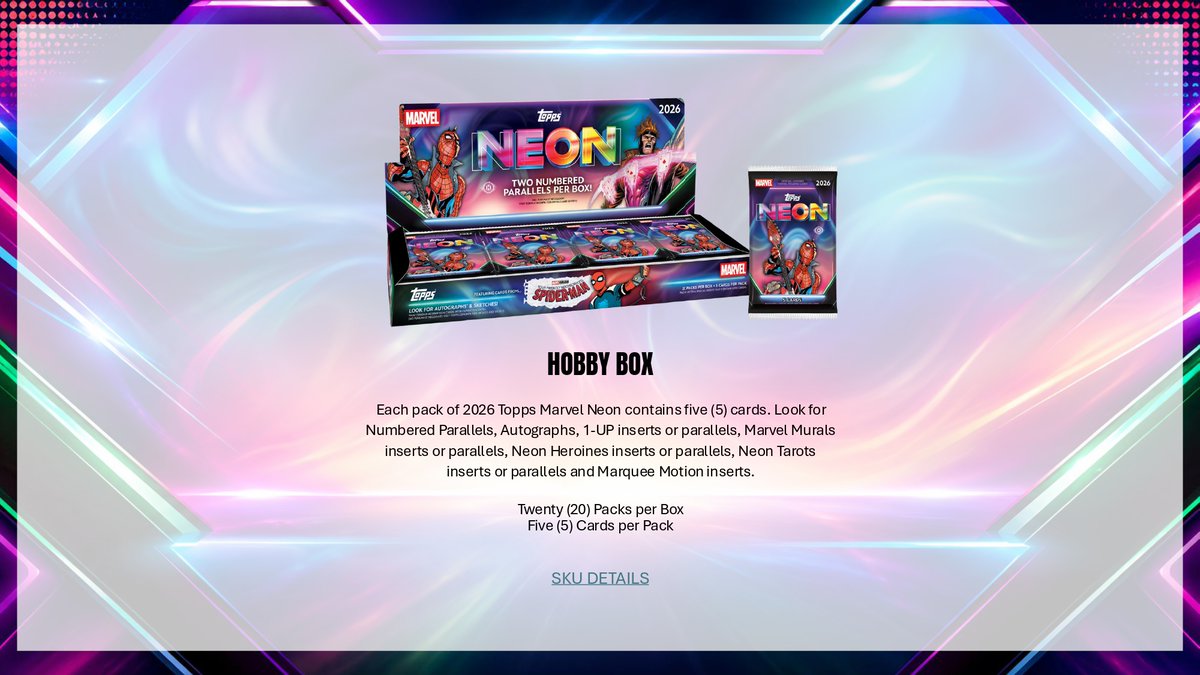 MintHeadquarter's tweet photo. 【製品情報】
2026年10月15日 発売予定
▼ 2026 TOPPS MARVEL NEON HOBBY 
https://t.co/jTXbq15aaS 

トップス社から「マーベル ネオン」公式アメコミトレーディングカードが登場！

新進気鋭のネオンシリーズにマーベルが参加！

コミックだけでなく、アニメ、ゲーム、アート、ポップカルチャー、様々なマーベルのコンテンツがネオンに凝縮！

#トレカ発売情報
