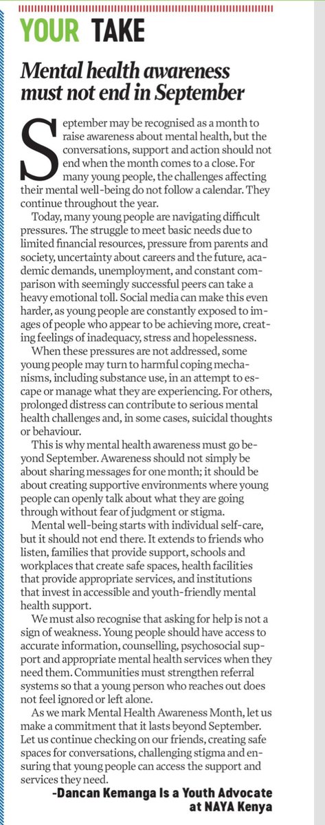 NAYAKenya's tweet photo. "... This is why mental health awareness must go beyond September by creating supportive environments where young people can openly talk about what they are going through without fear of judgment ..."- @DancanKema43371
#NAYAVoices
#mentalhealthawareness
#SuicidePreventionMonth https://t.co/jzLp3r99pR