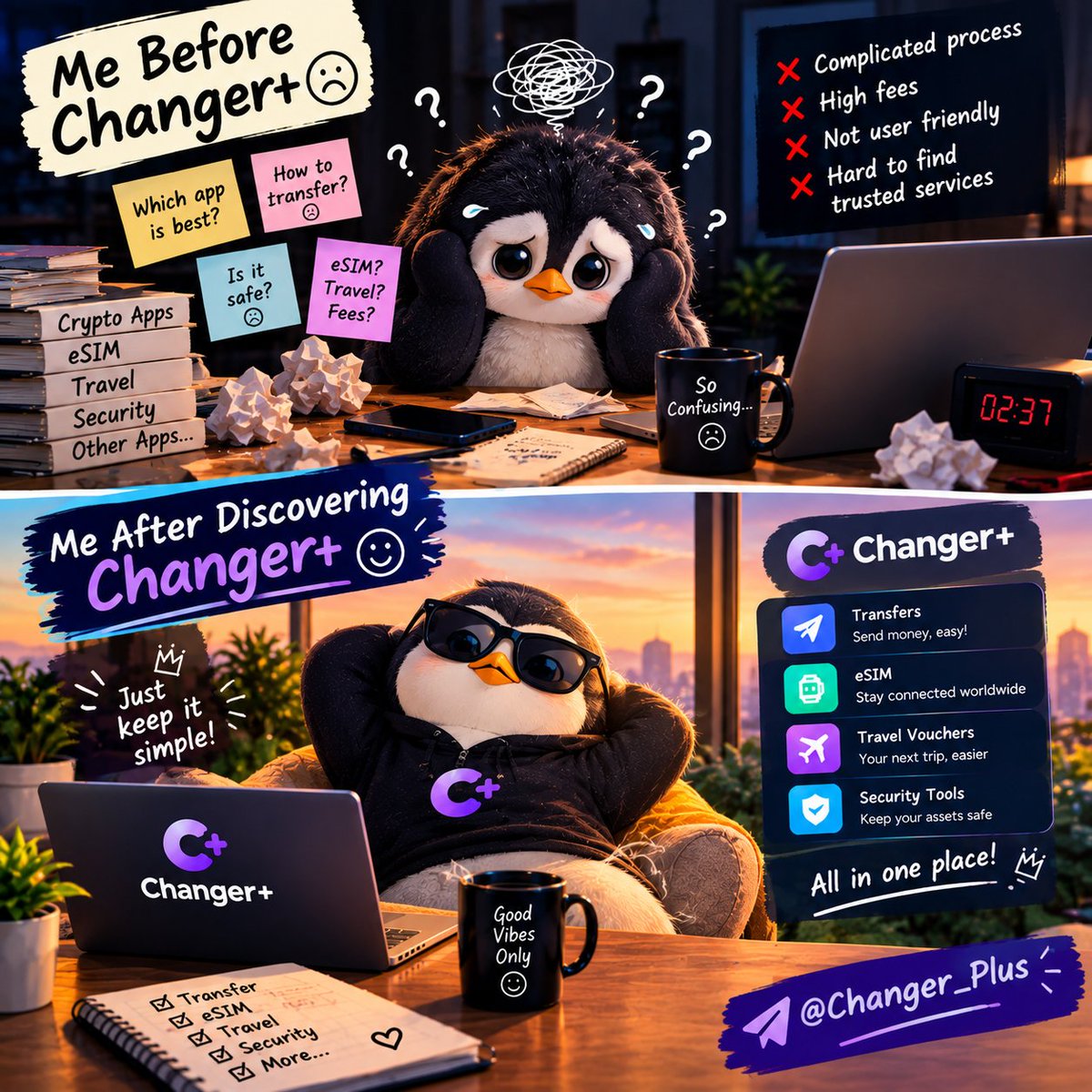 sarkarboss25's tweet photo. Before Changer+: 🤯 Too many apps, too many questions.
After discovering Changer+: 😎✨ Just keep it simple!
Transfers, eSIM, travel vouchers &amp; security tools — all in one place. 🚀

@Changer_Plus #ChangerPlus #Web3 #Crypto #Meme https://t.co/PMiKfeT3Aw