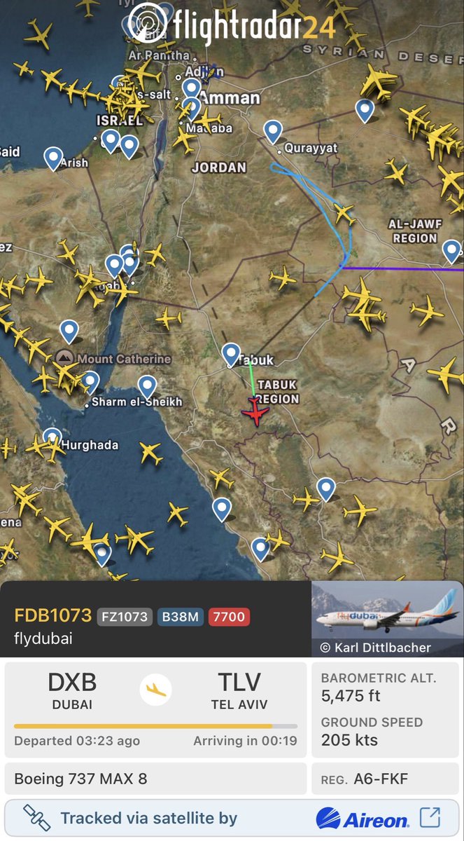 officialrnintel's tweet photo. 🇦🇪🇮🇱⚡️- BREAKING: The transponder for the FlyDubai plane was dramatically rerouted from the Saudi-Jordanian border back over to the Tabuk region of Saudi Arabia, before transmitting a 7700 squawk, which usually conveys an in-flight emergency, and then disappearing from all radars. The aircraft's fate and the fate of its passengers remain unclear.