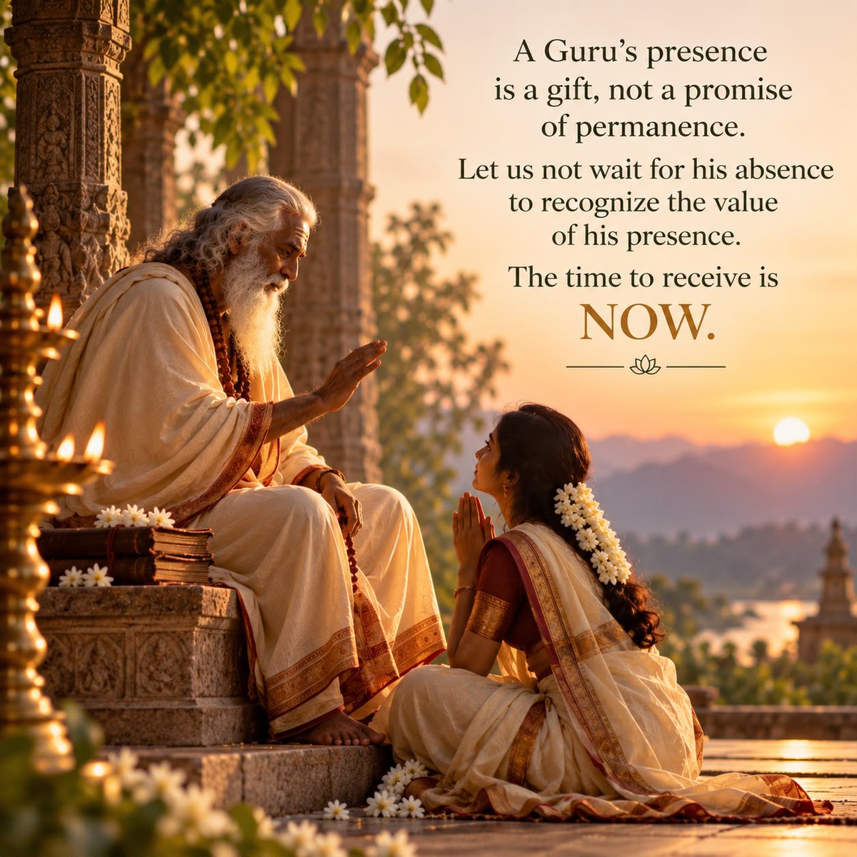 KapilTransforms's tweet photo. The Gift of Now 

We often live as though time is infinite. We postpone our questions, delay our surrender, and assume there will always be another opportunity to sit at our Guru’s feet, listen to his words, and receive his wisdom.

A Guru’s presence is a gift, not a promise of permanence. Every moment he gives us is precious, and every word may hold something we have yet to understand.

Let us not wait for his absence to recognize the value of his presence. Let us not allow our distractions, doubts or endless expectations to rob us of what is being offered today.

The greatest expression of gratitude is to be truly present and receive with an open heart.

The time to listen, learn and transform is NOW.