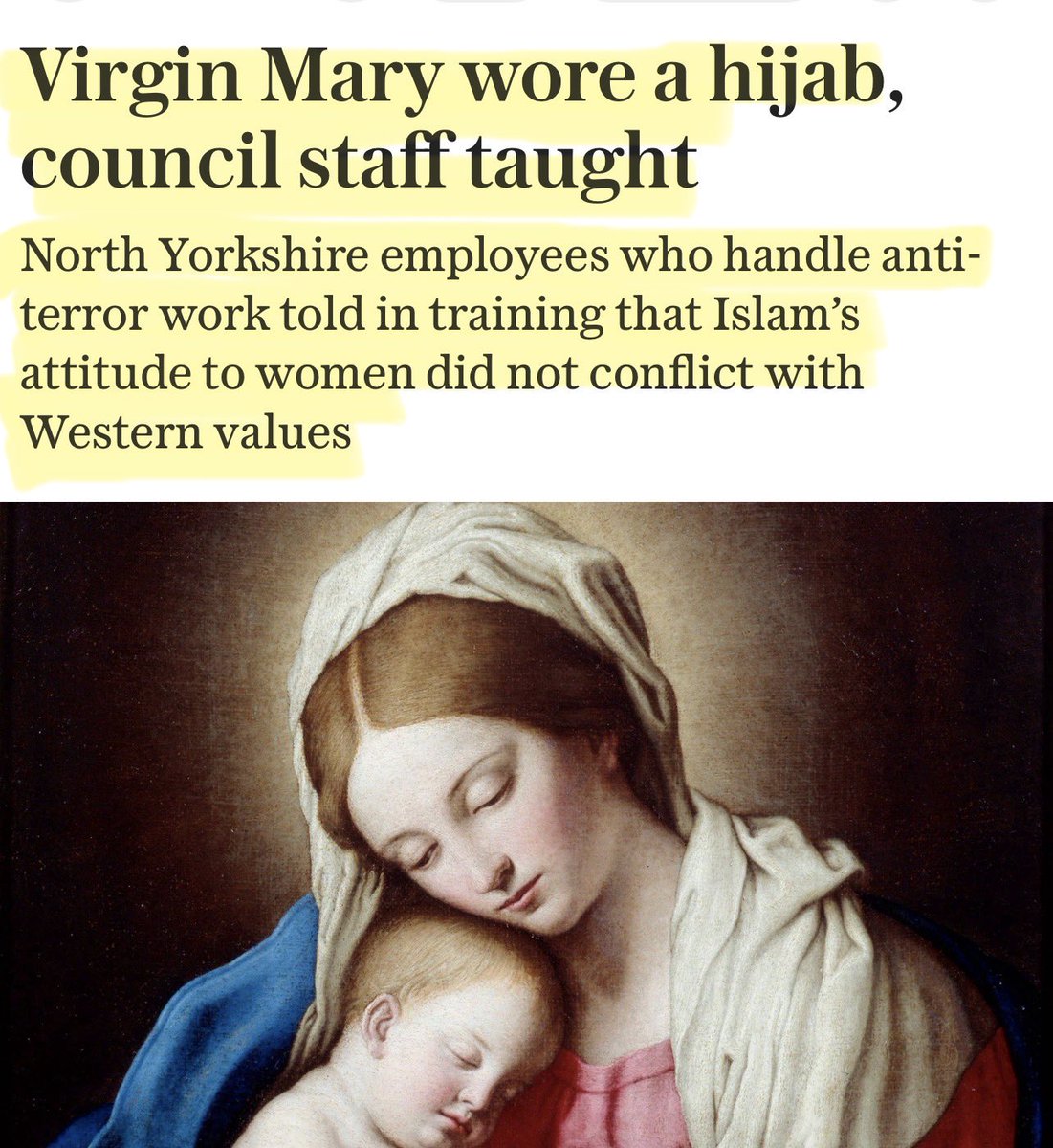 Artemisfornow's tweet photo. As a Catholic and a taxpayer I find it offensive that council staff are being taught that Mary wore a hijab.

Mary was a first century AD Jewish woman (yes, I still do BC and AD) who probably wore a veil or head covering…. SIX HUNDRED years before Islam emerged.

The ‘training’ also teaches that “Jesus grew a beard” as though that somehow proves Islamic customs are compatible with British values.

None of this legitimises medieval dress codes as appropriate in modern day Britain.

So why am I paying for it?