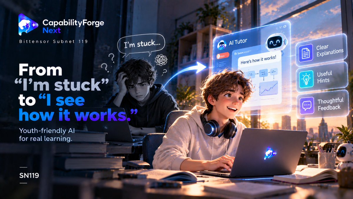 CFNextAI's tweet photo. That moment when “I’m stuck” becomes “I see how it works.” 💡✨

That’s the ambition behind SN119: training AI for clearer explanations, useful hints, and thoughtful feedback that helps young learners grow. 🌱

Follow the journey. 🚀
#AI #Bittensor #MachineLearning https://t.co/OlhE0OvQHC