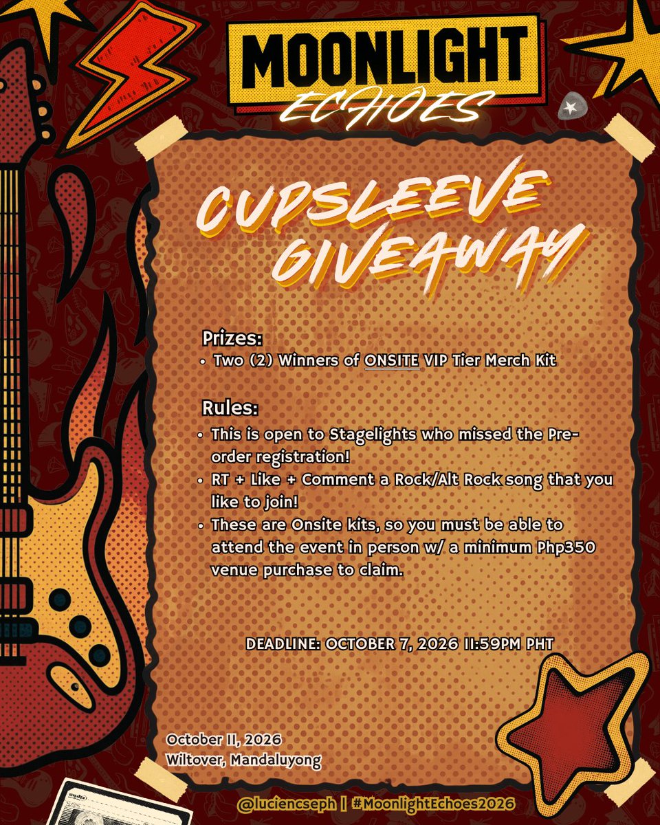 luciencseph's tweet photo. ONSITE VIP MERCH KIT GIVEAWAY 🎉 

• Open to PH Stagelights who missed the onsite pre-registration
• Must be able to attend the CSE with a minimum of Php350 food and drink purchase to claim

#MoonlightEchoes2026 #LuciCSEPH https://t.co/JonsJZX8Z7
