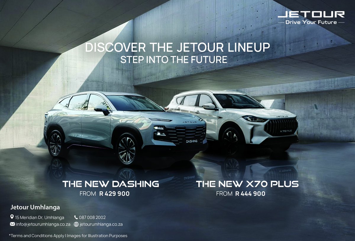 bugletwit's tweet photo. Step into the future with the new Jetour lineup at Jetour Umhlanga. The new Dashing from R429,900, the new X70 Plus from R444,900. 15 Meridian Drive, Umhlanga | 087 008 2002. #Jetour #TheBugle https://t.co/iePWEpSMAt
