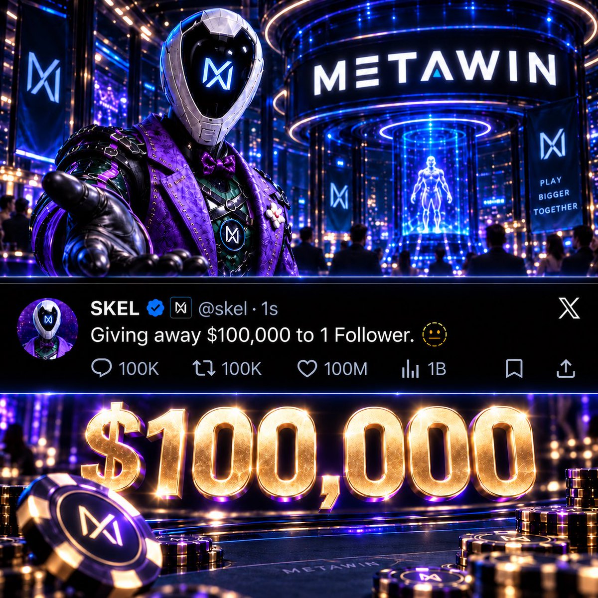 skel's tweet photo. I’m giving a HUGE $100,000 to 1 follower in a NEW challenge!! 

If you are selected, you will receive the funds in your MetaWin account. 

Wagering is set at 60x, and if you beat the casino, you can cash out up to $1 MILLION.

Drop your MetaWin username and quote this to enter. https://t.co/3e1uhRgFY9