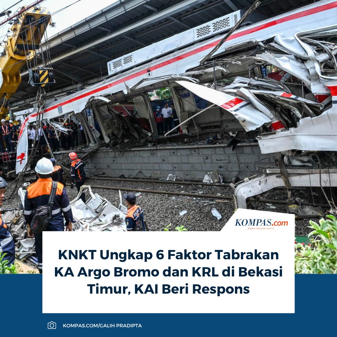 kompascom's tweet photo. Baca selengkapnya: https://t.co/n5hGePasq0

Polisi menetapkan masinis KA Argo Bromo Anggrek sebagai tersangka kecelakaan di Bekasi Timur. KNKT menemukan enam faktor yang berkontribusi terhadap tabrakan.

~RK #KNKT #BekasiTimur [20260930064500765] https://t.co/GcJ9C8px8G