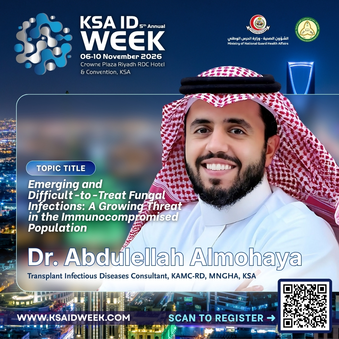 IDprofs's tweet photo. We are please to welcome Dr. Abdulellah Almohaya to KSA ID Week 2026. Learn from the expert - register today!
📅 6-10 November 2026 | 📍 Crowne Plaza RDC, KSA
🌐 https://t.co/lE7NvY6ltJ
#KSAIDWeek2026 #InfectiousDiseases #MedicalEducation #Healthcare #Riyadh #SaudiArabia https://t.co/Lg0ipaLoAz