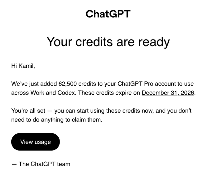 A notification from ChatGPT informing "Kamil" that 62,500 credits have been added to their Pro account for use across Work and Codex, expiring December 31, 2026. The email confirms the user's post about receiving 62.5k credits and the new perplexing per-message credit system (10–50 credits depending on the model).