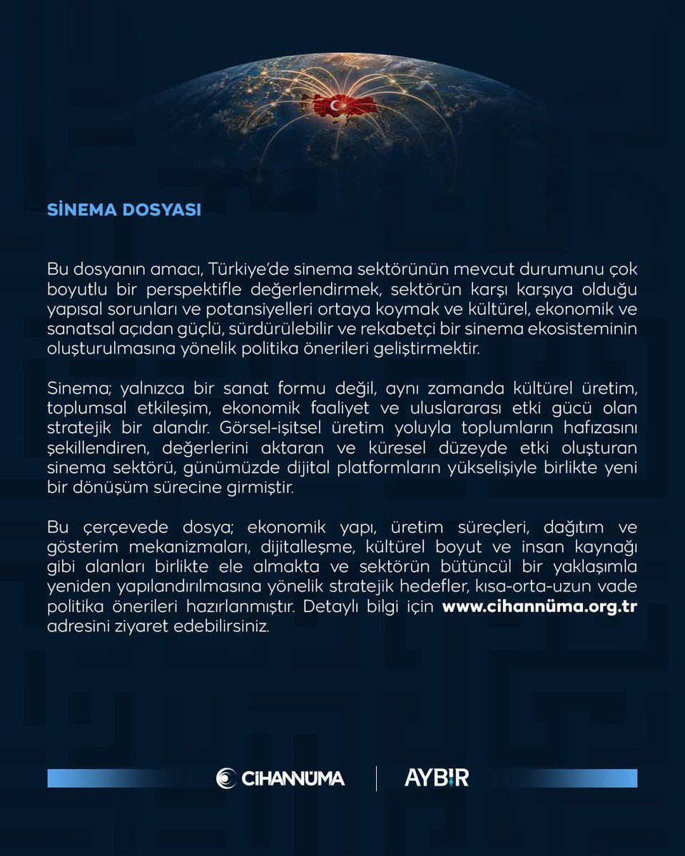 Cihannumader's tweet photo. Türkiye Raporu | Sinema Dosyası

Sinema, yalnızca bir sanat formu değil; kültürel üretim, toplumsal hafıza ve uluslararası etki gücüne sahip stratejik bir alandır.  

Sinema Dosyası'nda; sektörün ekonomik yapısını, üretim ve dağıtım mekanizmalarını, dijitalleşme sürecini ve kültürel boyutunu bütüncül bir yaklaşımla ele aldık. Sektörün bütüncül bir yaklaşımla yeniden yapılandırılmasına yönelik hazırladığımız kısa, orta ve uzun vadeli politika önerilerini kamuoyunun dikkatine sunuyoruz.  

@Aybir2010 

📌 Türkiye Raporu: Alan Öngörüleri ve Politika Önerileri
📆 17 Temmuz 2026
🔗 https://t.co/30X5CsfXu6
