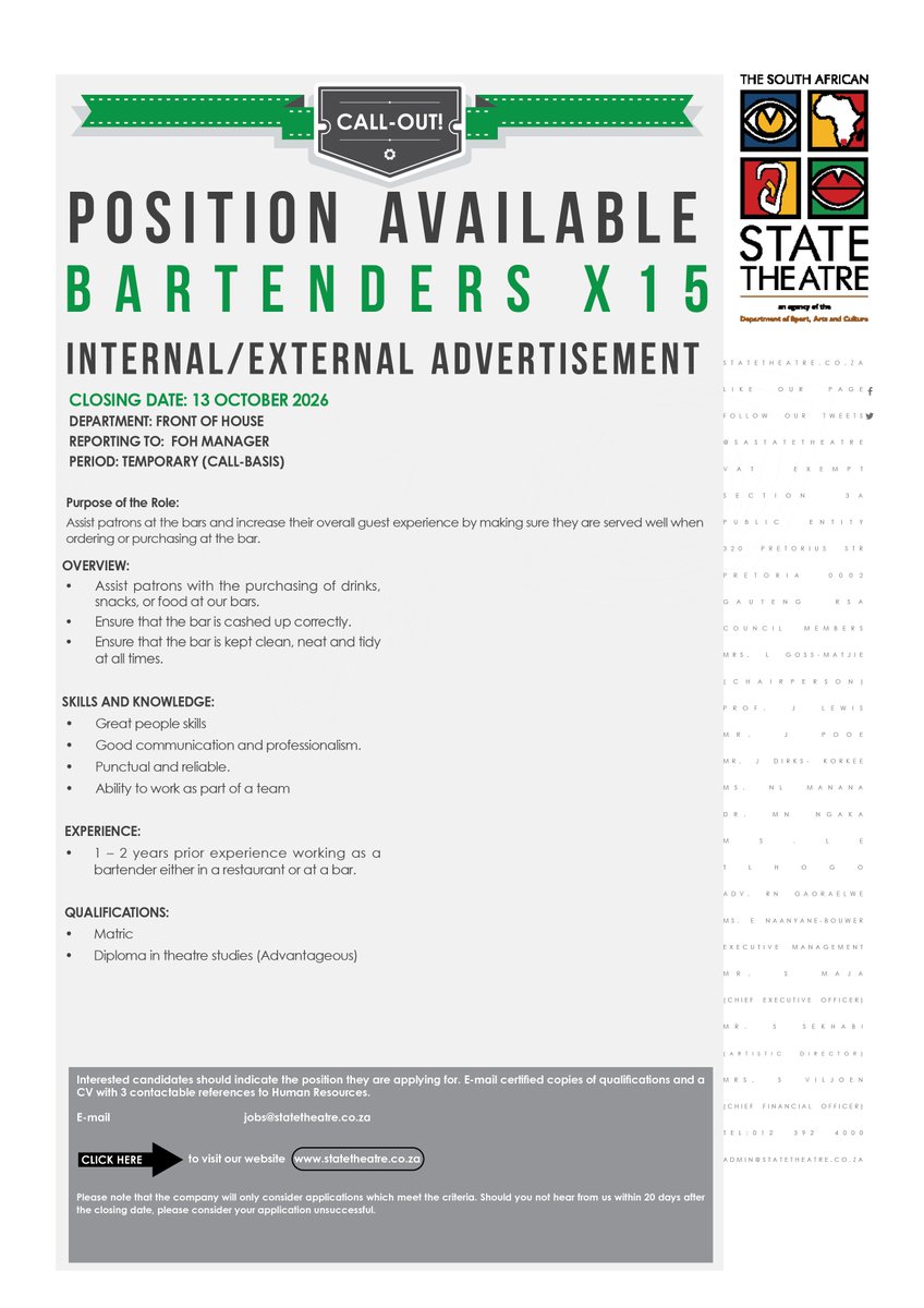 sastatetheatre's tweet photo. We are recruiting 15 Bartenders for temporary, call-basis positions.
If you’re reliable, professional and have 1–2 years’ bartending experience, this could be for you!
Closing date: 13 October 2026
Apply: jobs@statetheatre.co.za
#StateTheatre #Hiring #Bartenders #JobOpportunit https://t.co/NGtfCiokES