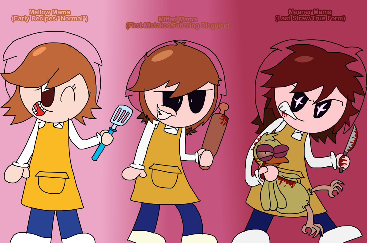 calledrokket's tweet photo. This reminds me, I’ve been working on my own take on “Meaner” Mama, based on an image I made back in 2020, and had an older variant that was just “Ultra M, but Cooking Mama”

This new one is canon, that old one is the “FNF” variant that’s “loosely” based on her. https://t.co/SAaQdhj8pi