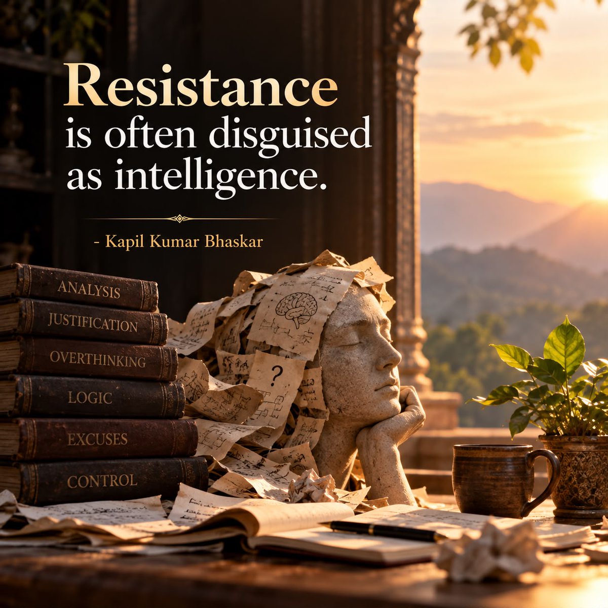 KapilTransforms's tweet photo. The mind can turn resistance into elaborate reasoning, making our fears and attachments appear logical. We convince ourselves that we are seeking clarity when, in reality, we may simply be avoiding an uncomfortable truth.

True intelligence lies not in finding more reasons to resist, but in having the courage to question our own reasoning.

— Kapil Kumar Bhaskar