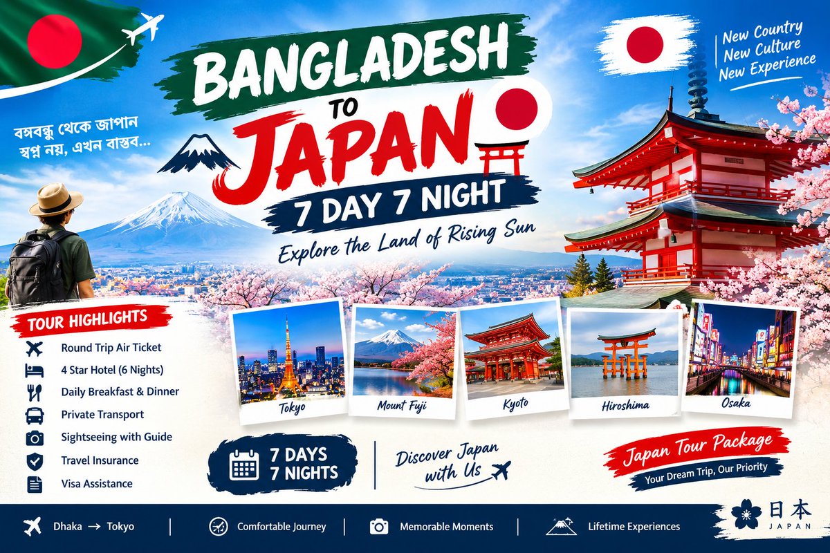 Alexplzl's tweet photo. 🇧🇩✈️🇯🇵 BANGLADESH TO JAPAN TOUR 🇯🇵
✨ 7 Days &amp; 7 Nights — Explore Japan! ✨
টোকিও থেকে মাউন্ট ফুজি, কিয়োটো থেকে ওসাকা—জাপানের অসাধারণ সৌন্দর্য, সংস্কৃতি ও আধুনিকতার অভিজ্ঞতা নিন একসাথে। 🌸🗼🏯

🌏 Your Dream Japan Journey Starts Here!
📅 7 Days • 7 Nights
✈️ Dhaka → Japan https://t.co/GBaNySHM58