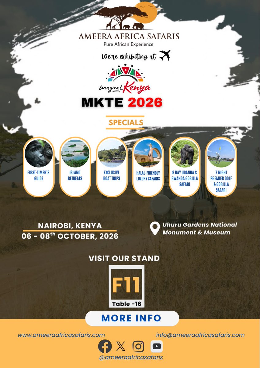 AmeeraSafaris's tweet photo. We’re exhibiting at #MKTE2026! 🇺🇬🇰🇪

Meet #AmeeraAfricaSafaris at Stand F11 | Table 16 and let’s talk partnerships, custom itineraries &amp; seamless ground handling across Uganda and East Africa.
📍 Uhuru Gardens, Nairobi
📅 6–8 Oct 2026

See you in Nairobi! ✈️ https://t.co/QUg2ztFuGB