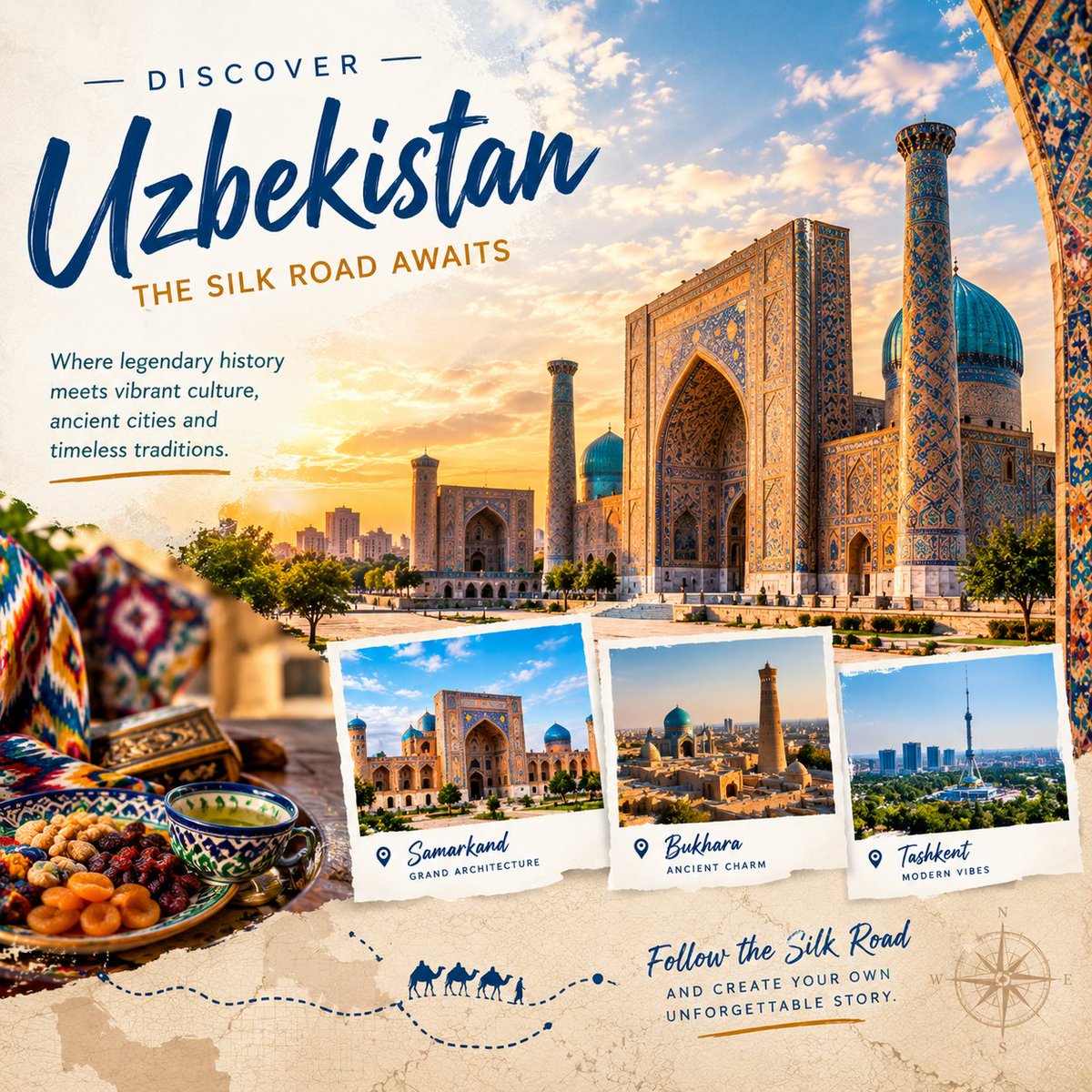 AjyKrSharma's tweet photo. Discover #Uzbekistan, where the legendary Silk Road comes alive through magnificent architecture, ancient cities, vibrant bazaars, and timeless traditions. From #Samarkand to #Bukhara and #Tashkent, every destination offers a new story to explore. https://t.co/oua7JYfemI https://t.co/uyeNdyUSAB