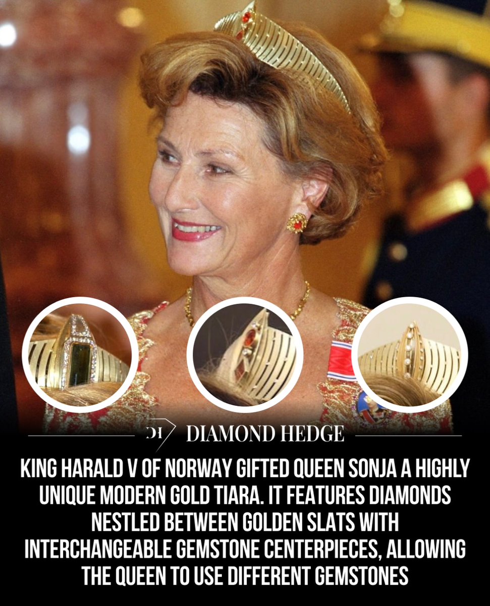 sfnco's tweet photo. Diamond Hedge: King Harald V of Norway gifted Queen Sonja a unique modern gold tiara with diamonds between golden slats and interchangeable gemstone centerpieces. https://t.co/2fWIY0W4AS