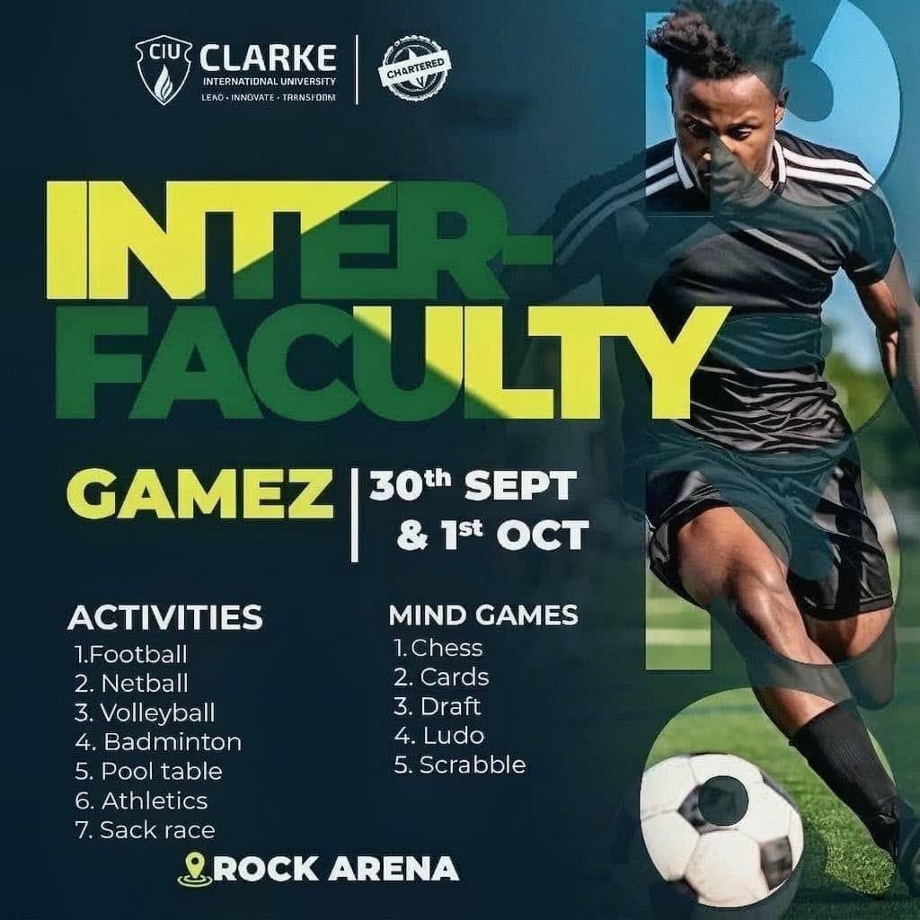 CIUuga's tweet photo. The wait is over! 🏆⚽ CIU Inter-Faculty Games 2026 kick off TODAY, 30th September, and the competition continues through tomorrow, 1st October at Rock Arena!
#CIUInterFacultyGames #CIU #RockArena #UnityInDiversity #LeadInnovateTransform #CIUChartered #GameOn https://t.co/SUE9XUZimu