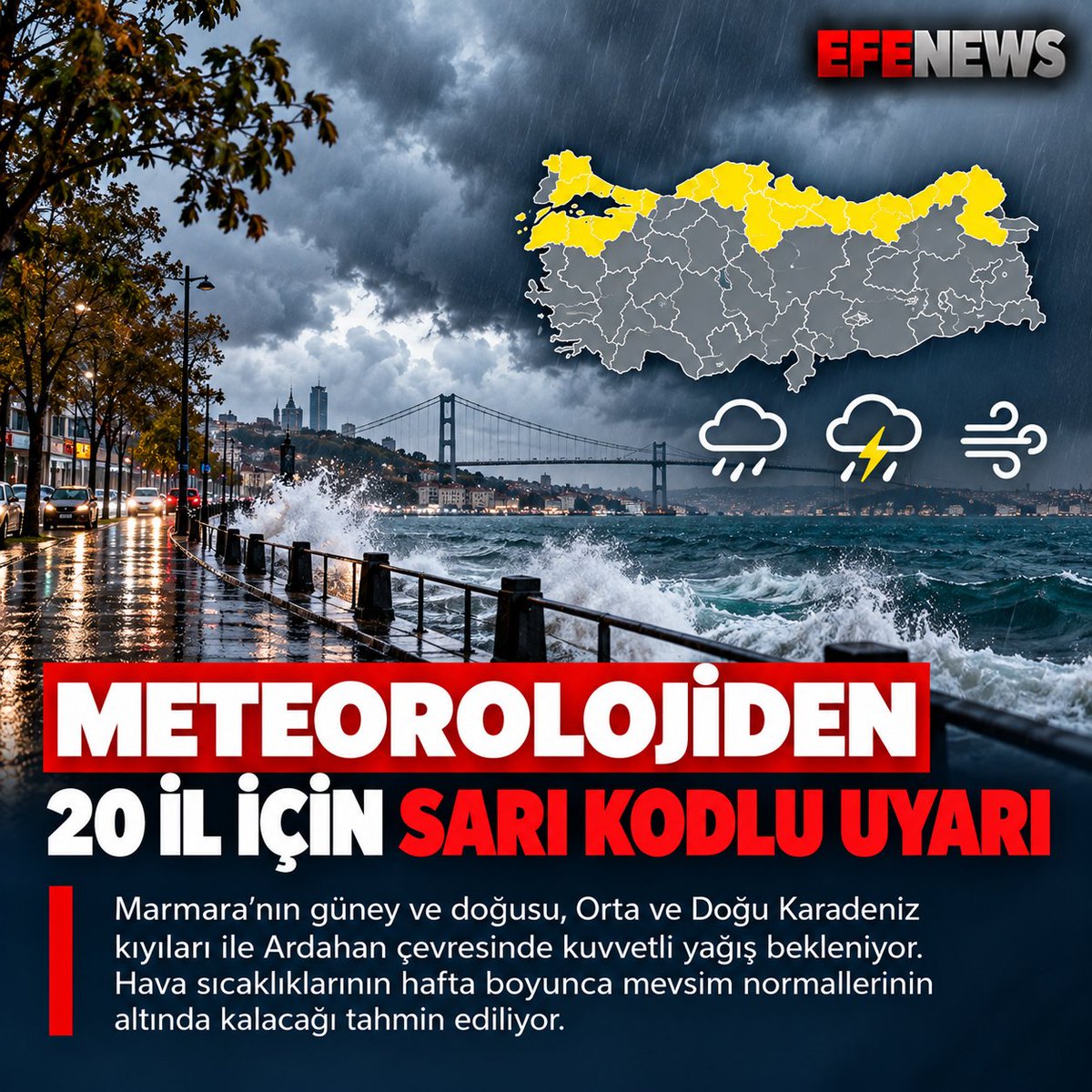efenewstr's tweet photo. Meteoroloji’den 20 İl İçin Sarı Kod: Kuvvetli Yağış Uyarısı https://t.co/pawVtvkin0