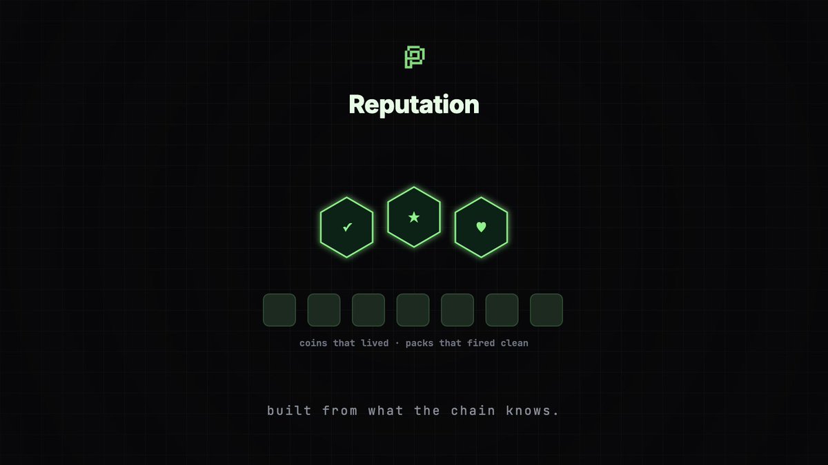 packedcc's tweet photo. And reputation that nobody can fake.

Ratings, and badges for developers, built from what the chain already knows: coins that lived, packs that fired clean, holders who were looked after.

You will see who a builder is before you buy their coin. https://t.co/X4aZwwTdjw