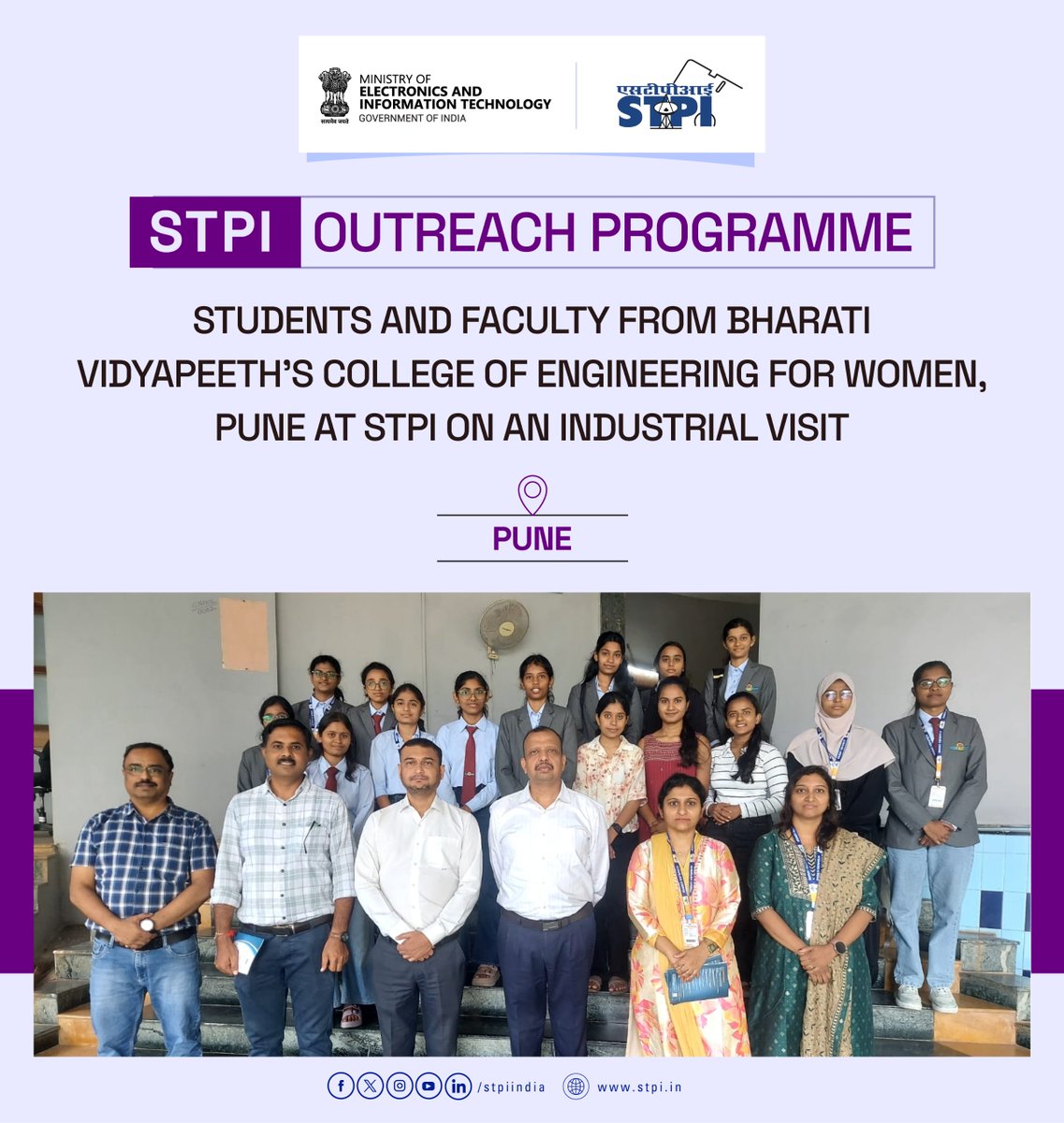 stpiindia's tweet photo. ✨ STPI Outreach Programme

STPI-Pune organised an industrial visit for students and faculty from Bharati Vidyapeeth’s College of Engineering for Women, Pune, providing them with valuable insights into STPI’s initiatives and services fostering India’s technology ecosystem.

#STPI #STPIPune #IndustrialVisit #CyberSecurity #EmergingTechnologies #DigitalIndia #IndustryAcademiaInteraction #BharatiVidyapeeth #Pune

@GoI_MeitY @AshwiniVaishnaw @JitinPrasada @SecretaryMEITY @arvindtw @_DigitalIndia @NeGD_GoI @startupindia @STPIPune