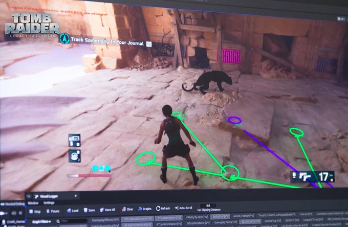 A gameplay capture of 'Tomb Raider: Legacy Atlantis' shows a character facing a black panther, overlaid with tracking software markers labeled 'VisibilitySystem' and 'DistanceTagged'.