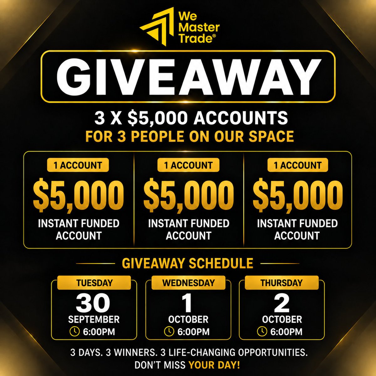 gibhub189's tweet photo. 🏆 3 DAYS. 3 WINNERS. $15,000.

🎁 $5,000 instant-funded account EVERY DAY!

To qualify, complete ALL 4 STEPS 👇

1️⃣ REGISTER

Register with We Master Trade:

https://t.co/huhg1qCzFq

🎟️ Promo Code: GIBHUB35
🔥 Get 35% OFF
2️⃣ FOLLOW

Follow all 5 accounts:

@gibhub189 

@GibhubPrime 

@WemasterAfrica 

@QingShiro

@TheCandleMatrix

3️⃣ ENGAGE ❤️

❤️ Like the main giveaway post
🔁 Repost this post + my pinned post + https://t.co/EGnEihPDuO
🔖 Bookmark this post 
👥 Tag 3 traders
🎙️ Join the Space and stay until the end

Don't just enter. Show up. Learn. Participate.
4️⃣ JOIN OUR COMMUNITIES
📚 GIBHUB Academy
https://t.co/A3ymIJOS62
🌍 We Master Trade Africa
https://t.co/a8R8vKhlwb
💬 WeCopyTrade Talk
https://t.co/4RlPCTy7g4

👥 X Community
https://t.co/a5AHwJ1Dz3

📸 IMPORTANT

After completing ALL 4 STEPS, post a screenshot in the comments showing that you completed everything.
❌ No screenshot = No entry.

Incomplete entries will NOT qualify.
🔥 3 DAYS. 3 WINNERS. $15,000.

📅 30 SEPTEMBER — 6:00 PM
🎙️ X SPACE
📅 1 OCTOBER — 6:00 PM
📱 TELEGRAM — GIBHUB ACADEMY
https://t.co/A3ymIJOS62

📅 2 OCTOBER — 6:00 PM
🎙️ X SPACE
ONE COMPLETE TRADING PROCESS.