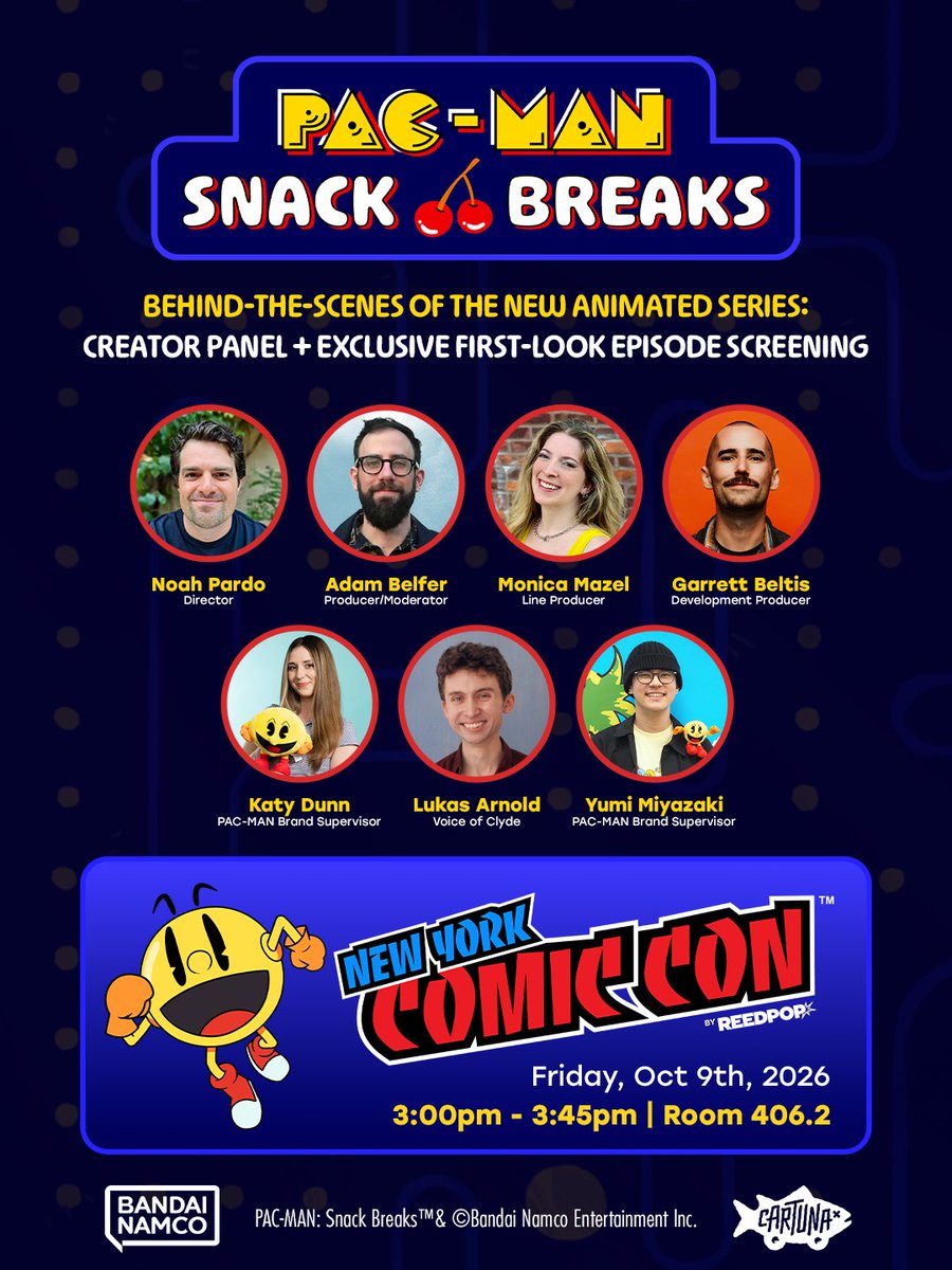 officialpacman's tweet photo. PAC-MAN: Snack Breaks is coming to #NYCC! 
 
💛 Behind-the-Scenes Snack Breaks Creator Panel on Oct. 9 at 3 PM ET
🎭 Cosplay Contest! Show up to the panel in your best PAC-MAN-themed cosplay for a prize!
🎃 First Look at Episode 6, "WAKA-WEEN," Exclusive Screening
📺 Snack Breaks Viewing Zone & Poster Giveaway at the Bandai Namco Booth 2319
 
Don't miss this PAC-venture!