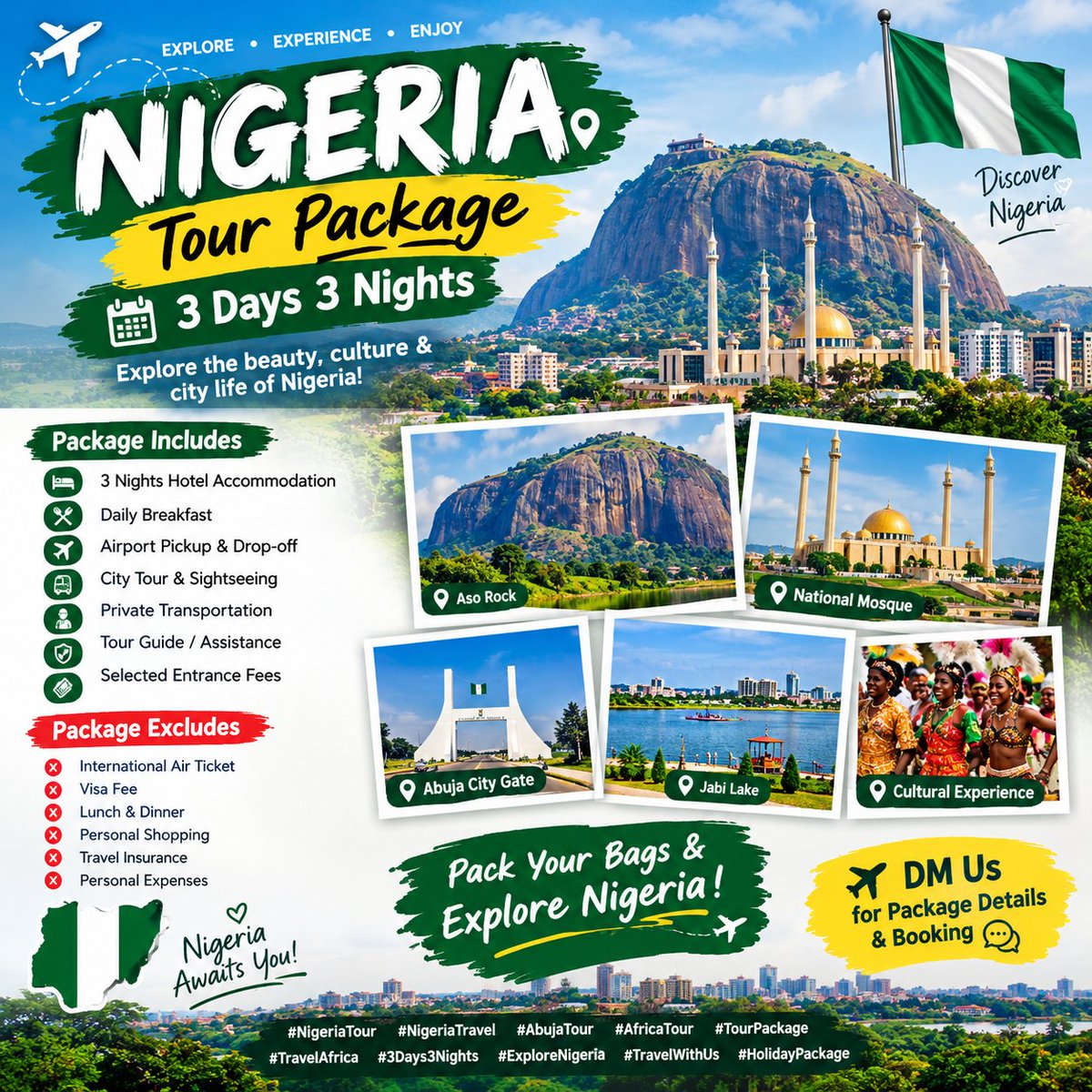 BilionTigga's tweet photo. 🌍 3 Days • 3 Nights
✈️ Explore the beauty, culture &amp; city life of Nigeria!
🏨 Comfortable Hotel Stay
🚗 Airport Pickup 
📸 Abuja City Tour
🌳 Sightseeing
🍽️ Memorable Travel Experience
🎒 Explore Nigeria! 🇳🇬❤️
#NigeriaTour #NigeriaTravel #AbujaTour #AfricaTour #TourPackage https://t.co/E0IkZk6KB4