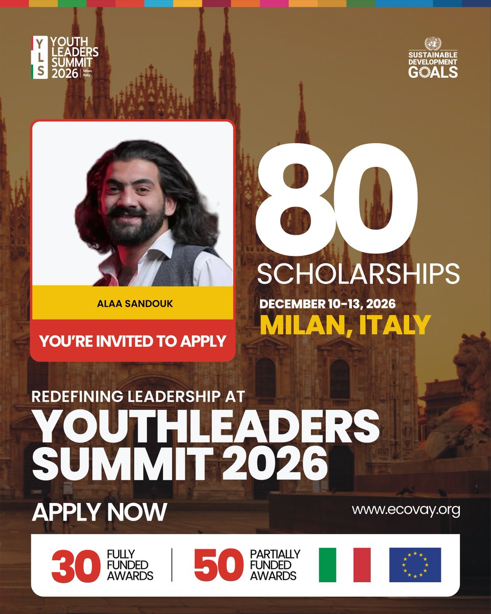 AlaaSandouk's tweet photo. Excited to have applied for the Youth Leaders Summit 2026 in Milan, Italy, December 10–13.
Looking forward to connecting with leaders and professionals from around the world.
#YLS26 #YouthLeadersSummit #Ecovay #Milan2026 @Ecovayy https://t.co/IhQVermpz9