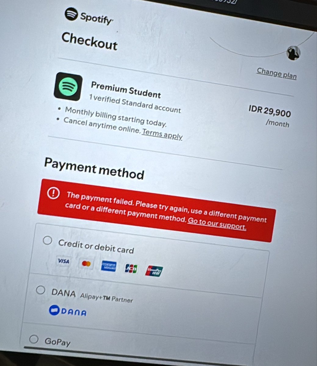onegosama's tweet photo. hello #zonauang ada jasa bayarin spotify ga ya.. jd kayak login ke akun aku n payment dkk
krn di aku failed mulu padahal saldonya udh cukup semua https://t.co/hmNn3DK72J