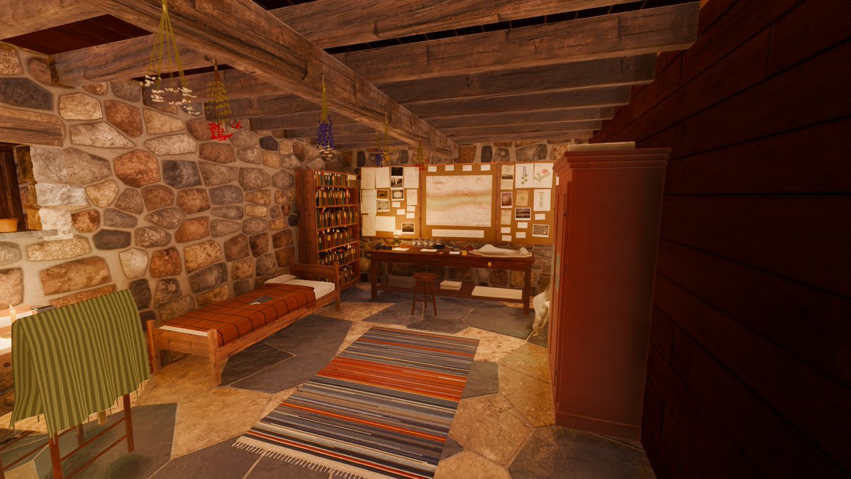 ScarsOfWild's tweet photo. You never meet Aurora's grandmother. She's away tonight, so the house has to tell you who she is: forty years of troll research pinned to one wall, with red thread from every pin. #indiedev #gamedev https://t.co/C2Ln6b6q0D