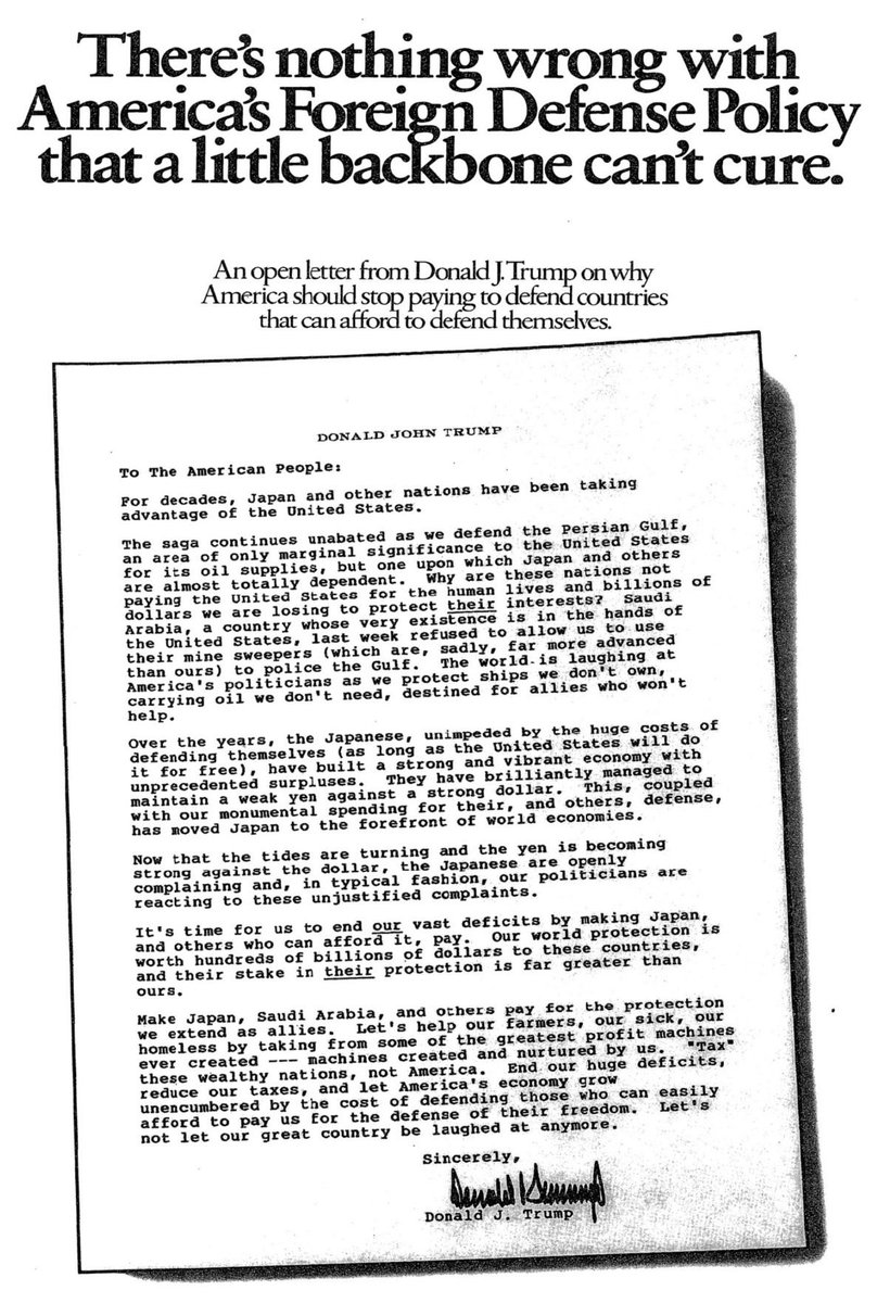 Microinteracti1's tweet photo. In July 1987, Donald Trump went to Moscow.

He had been invited after contact with Soviet ambassador Yuri Dubinin and the Soviet state tourism agency Intourist. Trump spent the trip looking at potential sites for a luxury hotel in partnership with the Soviet government. (The Washington Post)

Then, less than two months later, something remarkable happened.

Trump spent $94,801 putting full-page advertisements in The New York Times, The Washington Post and The Boston Globe attacking the cost of America defending its allies.

Western Europe should pay more. Japan should pay more. America was being ripped off.

That was September 1987. (The Washington Post)

Nearly forty years later, the argument is still there.

Trump has repeatedly questioned whether America should defend NATO members that he believes do not spend enough on defence. In March 2025, as president, he said the United States would not defend allies he considered insufficiently paying members. (Reuters)

At Helsinki in 2018, standing beside Vladimir Putin, Trump publicly questioned the conclusions of his own intelligence agencies about Russian election interference. (Reuters)

After returning to office in 2025, his administration opened negotiations with Moscow while Ukraine and European allies were initially excluded, paused American military assistance to Ukraine, and adopted positions European governments feared would strengthen Russia’s negotiating hand. (Reuters)

The more interesting fact is that the Russia story did not begin with Putin, the 2016 election, the Steele dossier or Russiagate.

It was already there in 1987.

Again and again, Trump has argued for things that weaken the architecture built to contain Russian power: less American commitment to European defence, more pressure on NATO allies, greater scepticism toward collective defence, and a willingness to deal directly with Moscow even when European allies object.

You do not need a secret conspiracy to explain the pattern.

You only need to look at the pattern.

Once you do, a remarkable amount of Donald Trump’s foreign policy stops looking like a collection of strange, disconnected episodes.

It starts looking like the same argument, repeated for forty years.

Stay connected,
follow Gandalv @Microinteracti1