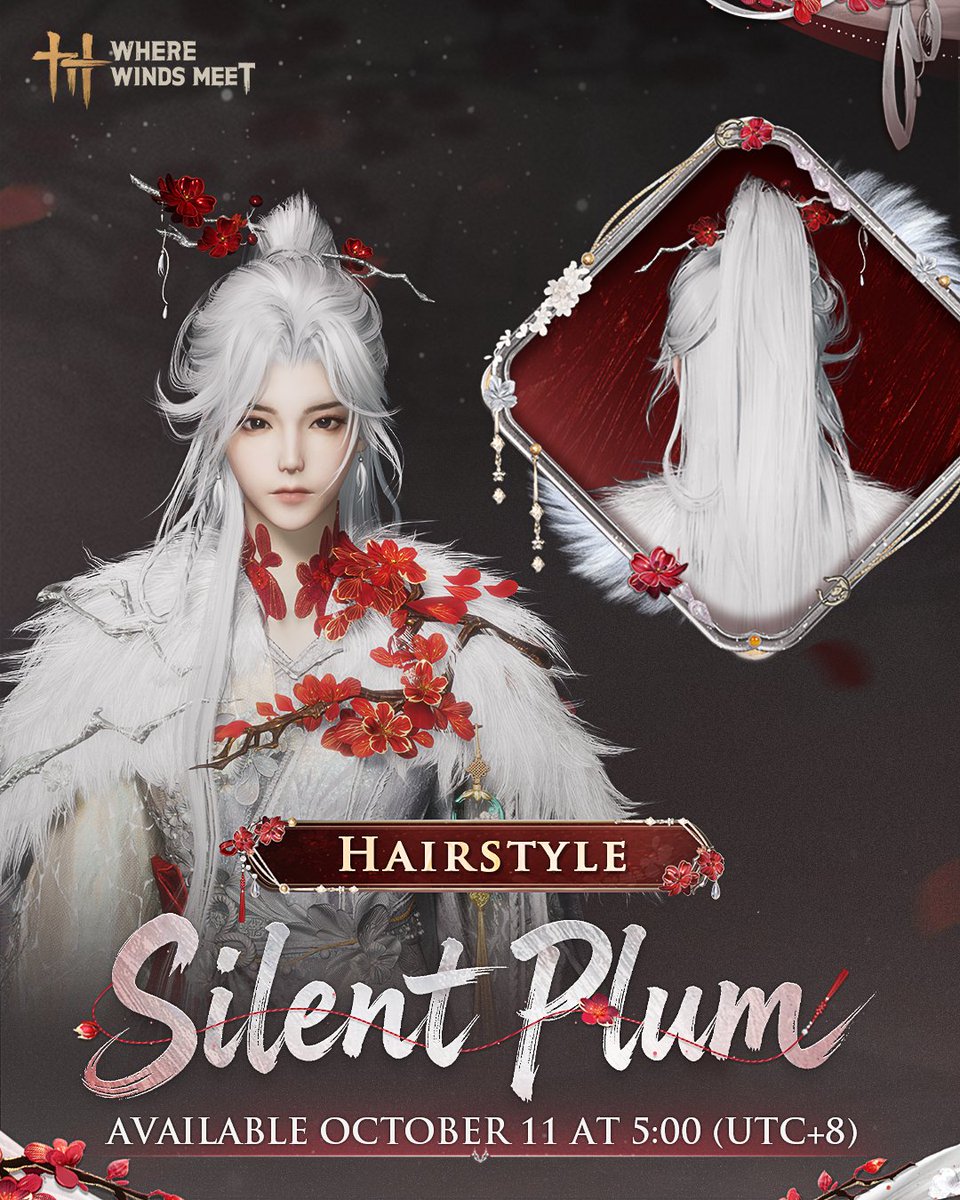WhereWindsMeet_'s tweet photo. The scent of plum still lingers on my sleeve, a quiet joy I am unwilling to leave.

New Set [Plum's Promise] arrives October 11 at 5:00 (UTC+8), with separate top and bottom pieces and full dye support.

A quiet night holds a secret scent, as moonlight pours over jade-white branches spent.

New Hairstyle [Silent Plum] will be available in the Draw Shop for a limited time from October 11 at 5:00 (UTC+8) to January 9, 2027 at 4:59:59!
#WhereWindsMeet