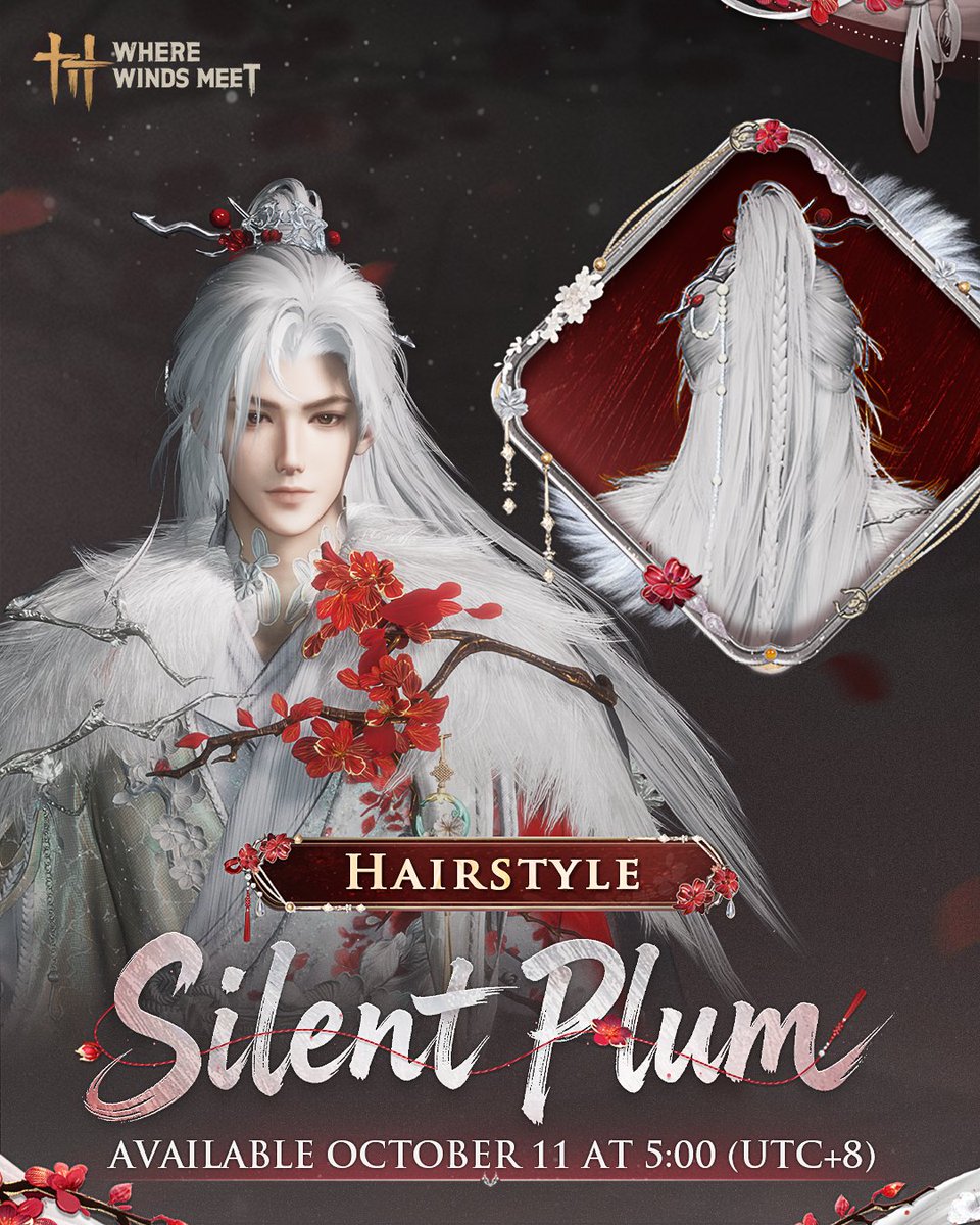 WhereWindsMeet_'s tweet photo. The scent of plum still lingers on my sleeve, a quiet joy I am unwilling to leave.

New Set [Plum's Promise] arrives October 11 at 5:00 (UTC+8), with separate top and bottom pieces and full dye support.

A quiet night holds a secret scent, as moonlight pours over jade-white branches spent.

New Hairstyle [Silent Plum] will be available in the Draw Shop for a limited time from October 11 at 5:00 (UTC+8) to January 9, 2027 at 4:59:59!
#WhereWindsMeet