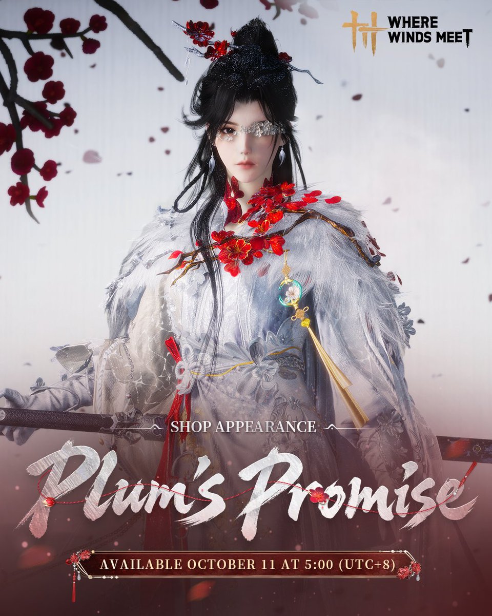 WhereWindsMeet_'s tweet photo. The scent of plum still lingers on my sleeve, a quiet joy I am unwilling to leave.

New Set [Plum's Promise] arrives October 11 at 5:00 (UTC+8), with separate top and bottom pieces and full dye support.

A quiet night holds a secret scent, as moonlight pours over jade-white branches spent.

New Hairstyle [Silent Plum] will be available in the Draw Shop for a limited time from October 11 at 5:00 (UTC+8) to January 9, 2027 at 4:59:59!
#WhereWindsMeet