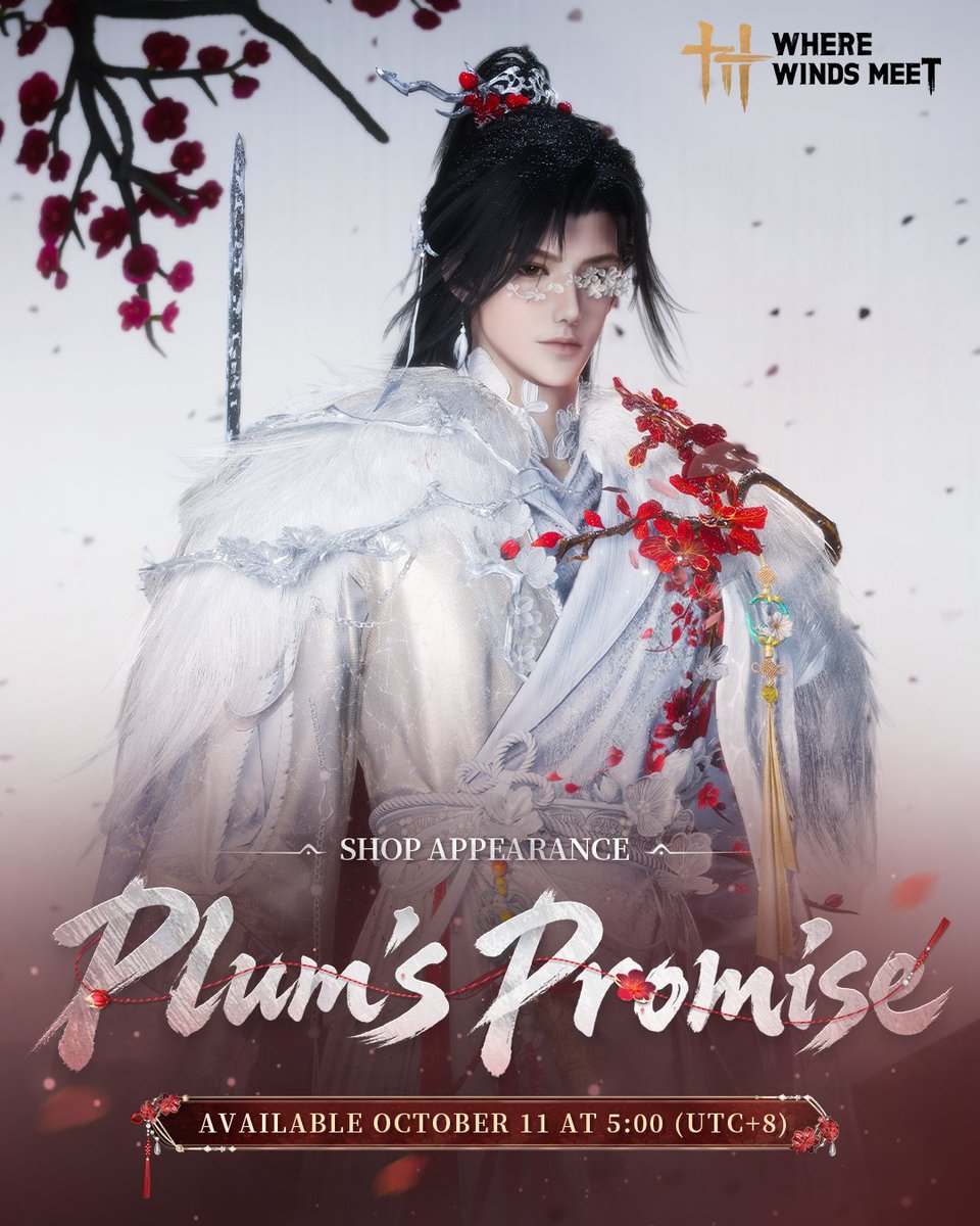 WhereWindsMeet_'s tweet photo. The scent of plum still lingers on my sleeve, a quiet joy I am unwilling to leave.

New Set [Plum's Promise] arrives October 11 at 5:00 (UTC+8), with separate top and bottom pieces and full dye support.

A quiet night holds a secret scent, as moonlight pours over jade-white branches spent.

New Hairstyle [Silent Plum] will be available in the Draw Shop for a limited time from October 11 at 5:00 (UTC+8) to January 9, 2027 at 4:59:59!
#WhereWindsMeet