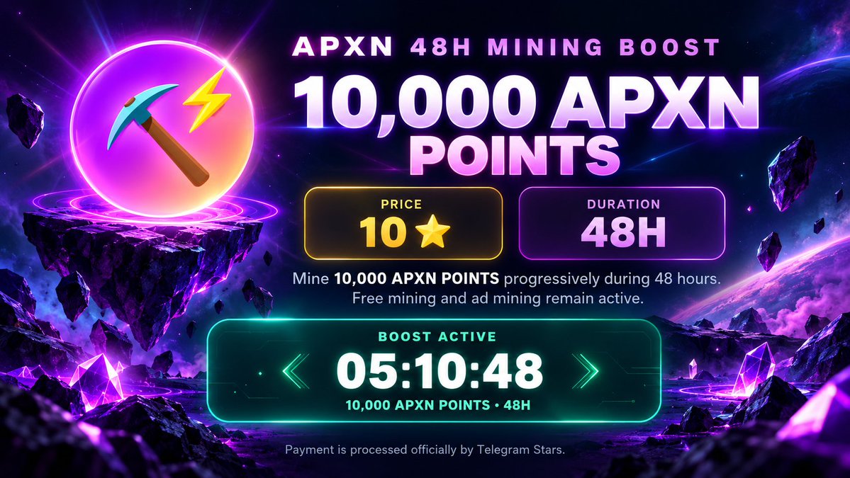 ApexNetworkApp's tweet photo. 🚀 Take advantage of the 10,000 APXN POINTS in 48 hours feature while it’s available! ⛏️⚡

This opportunity is limited and may disappear at any time. ⏳🔥
Don’t miss your chance to boost your APXN POINTS! 💎

🌐 Website: https://t.co/AulUq1jCib
🤖 Telegram Bot: https://t.co/fqbIkUnPvO
📢 Telegram Channel: https://t.co/cl6gDiU5pS
💬 Telegram Group: https://t.co/F8cElu7eH9
𝕏 X: https://t.co/aiIEh6L8jq

#APXN #APXNPOINTS #Crypto #Web3 #Mining